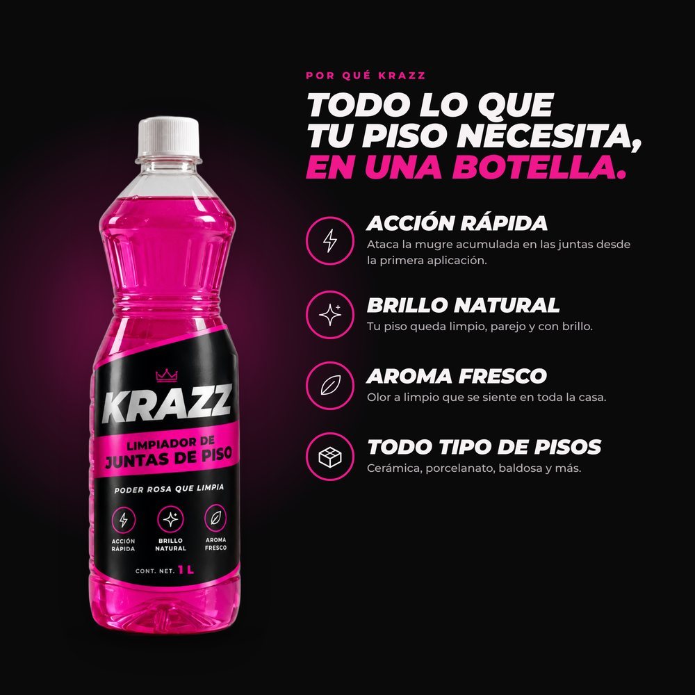 Beneficios de KRAZZ: acción rápida, brillo natural, aroma fresco y para todo tipo de piso