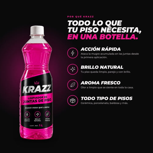 Beneficios de KRAZZ: acción rápida, brillo natural, aroma fresco y para todo tipo de piso