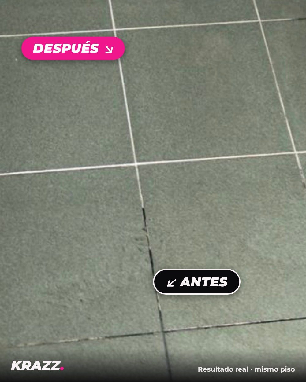 Antes y después: juntas negras y juntas limpias con KRAZZ en el mismo piso