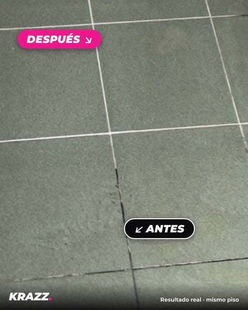 Antes y después: juntas negras y juntas limpias con KRAZZ en el mismo piso